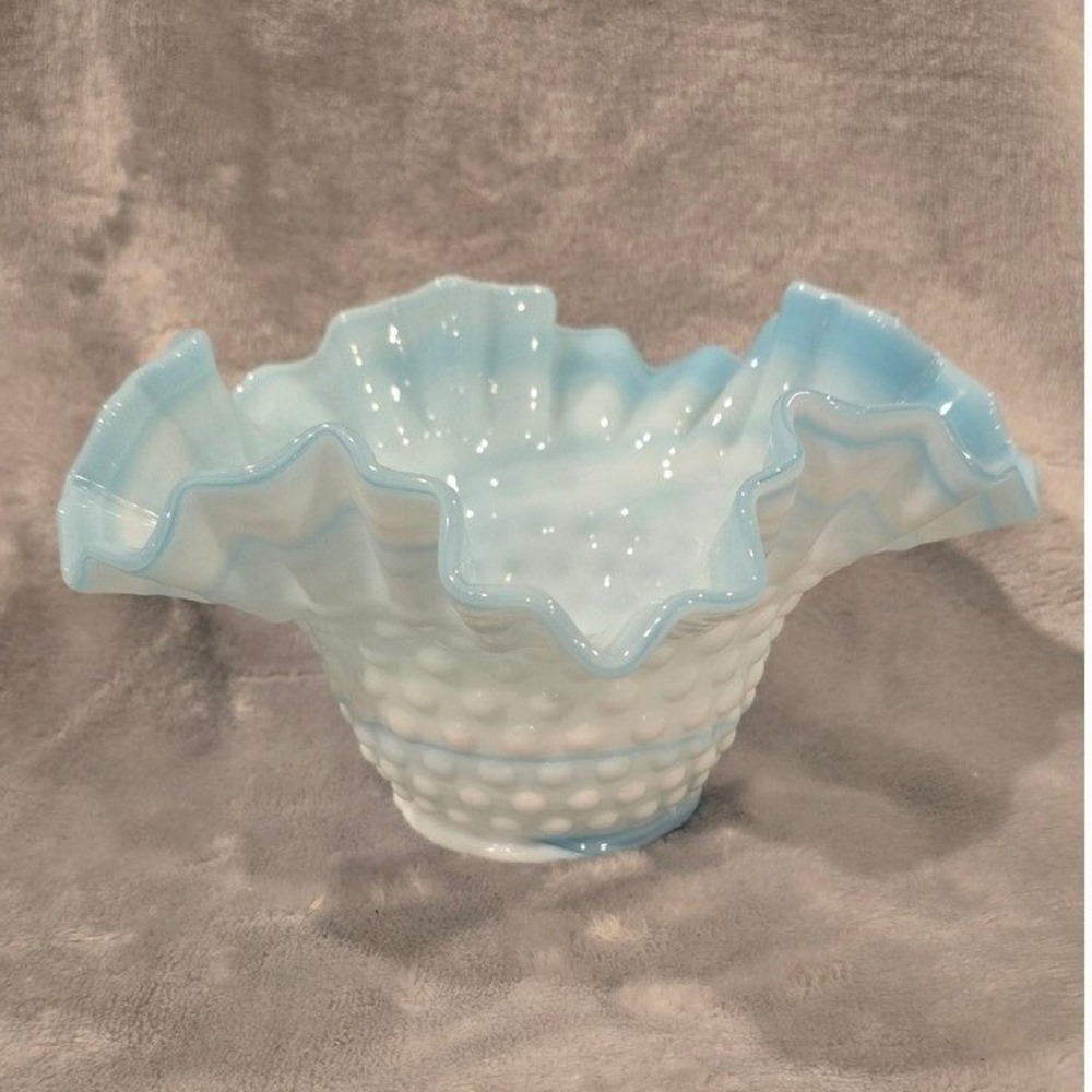 Vintage Kanawha Blue and White Hobnail Slag Bowl with Ruffled Edges